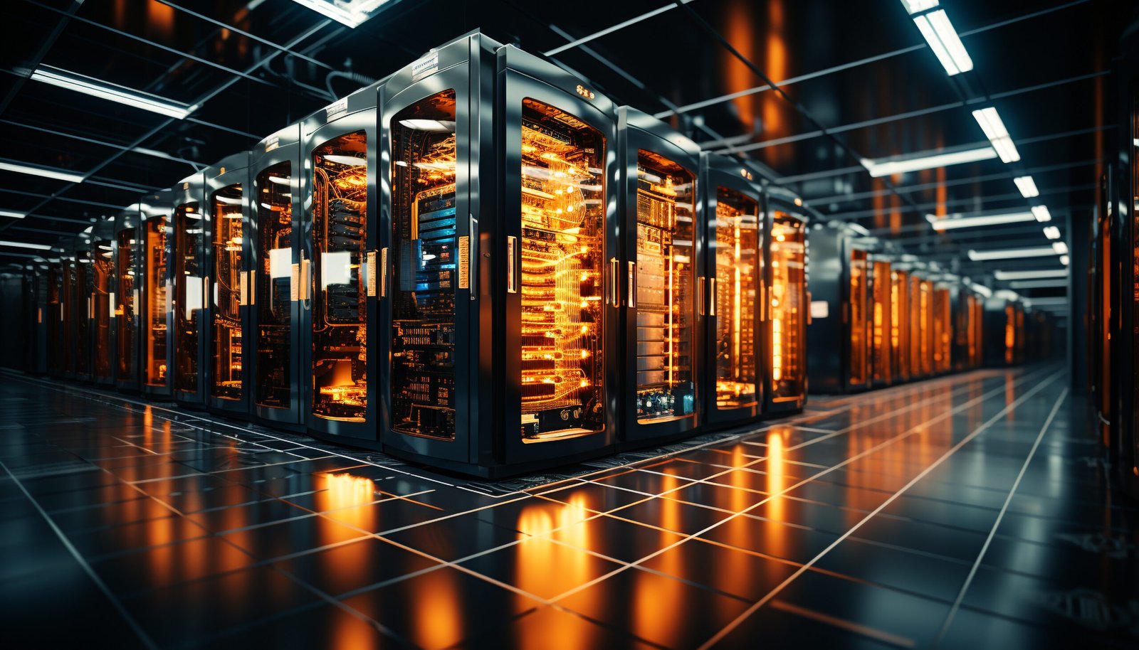Futuristic computer network powers global communications inside modern factory generated by artificial intelligence